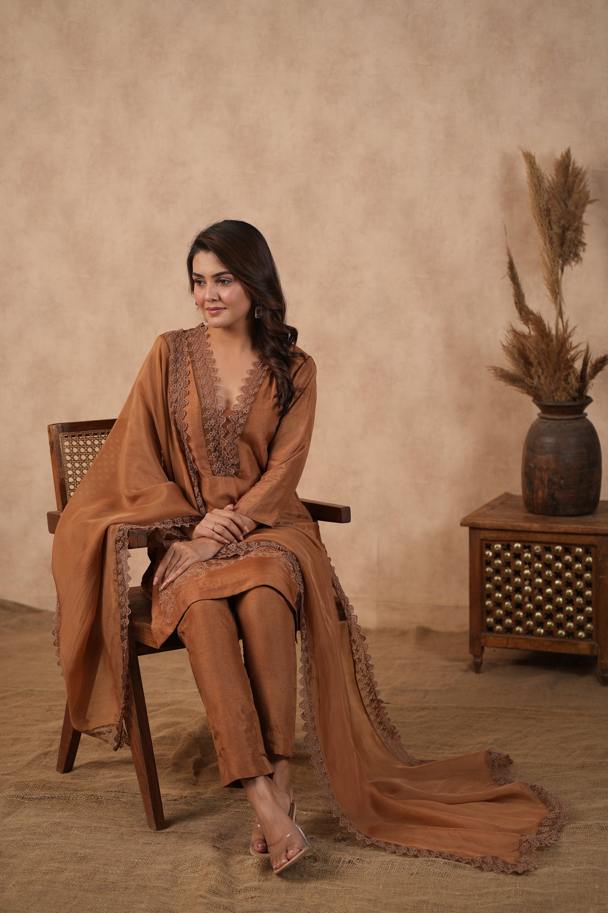 Silk Female Brown Suit Set