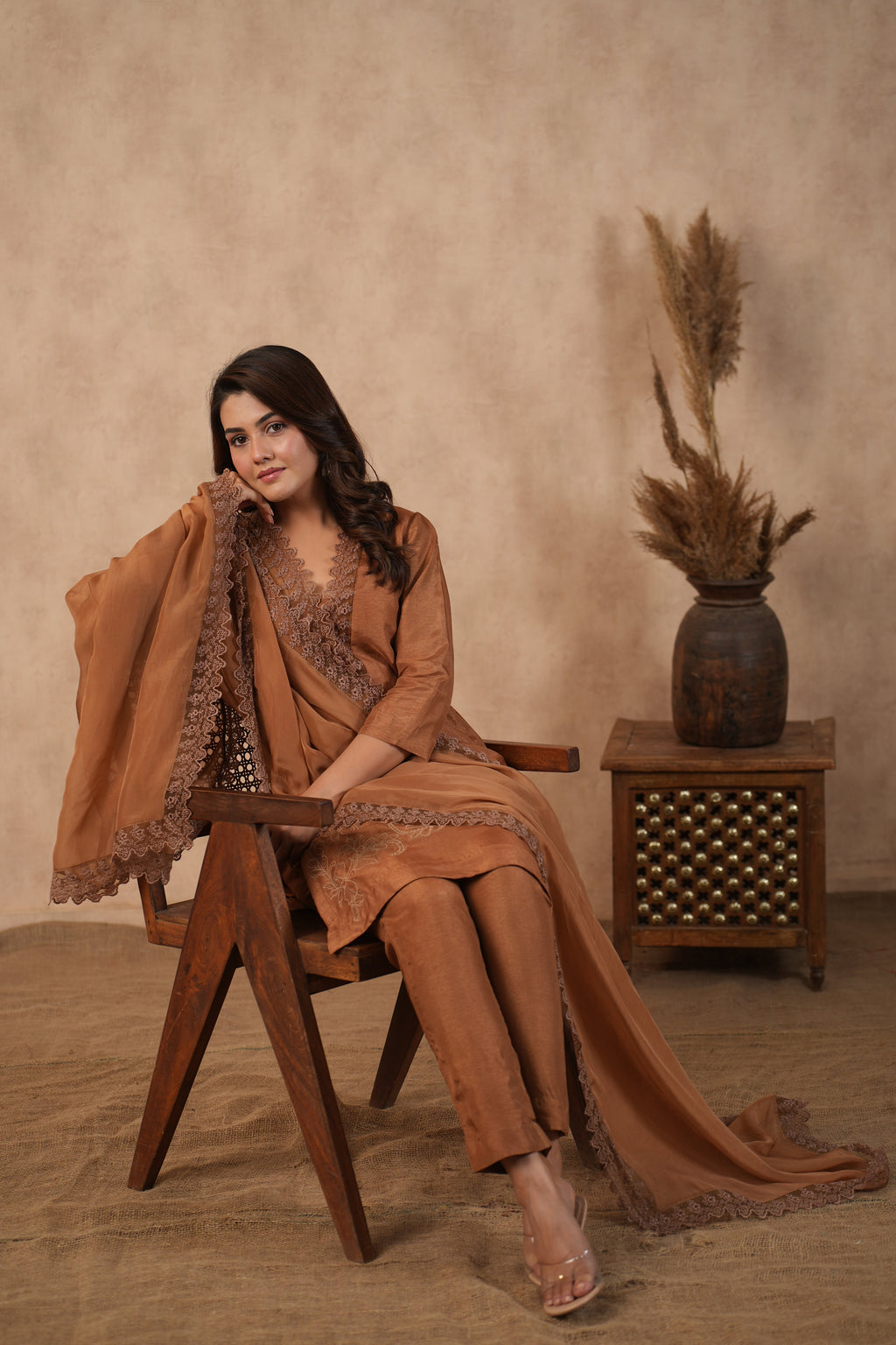 Silk Female Brown Suit Set