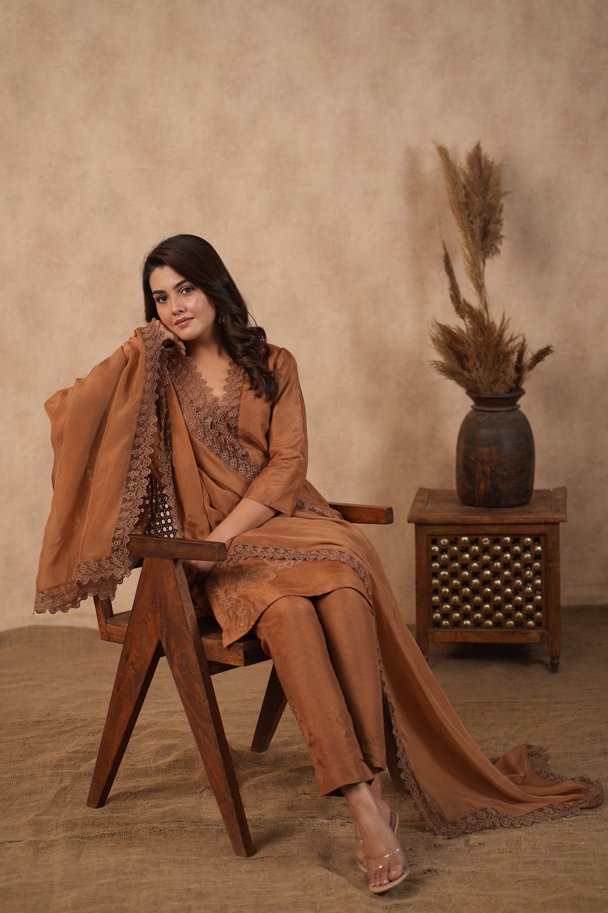 Silk Female Brown Suit Set