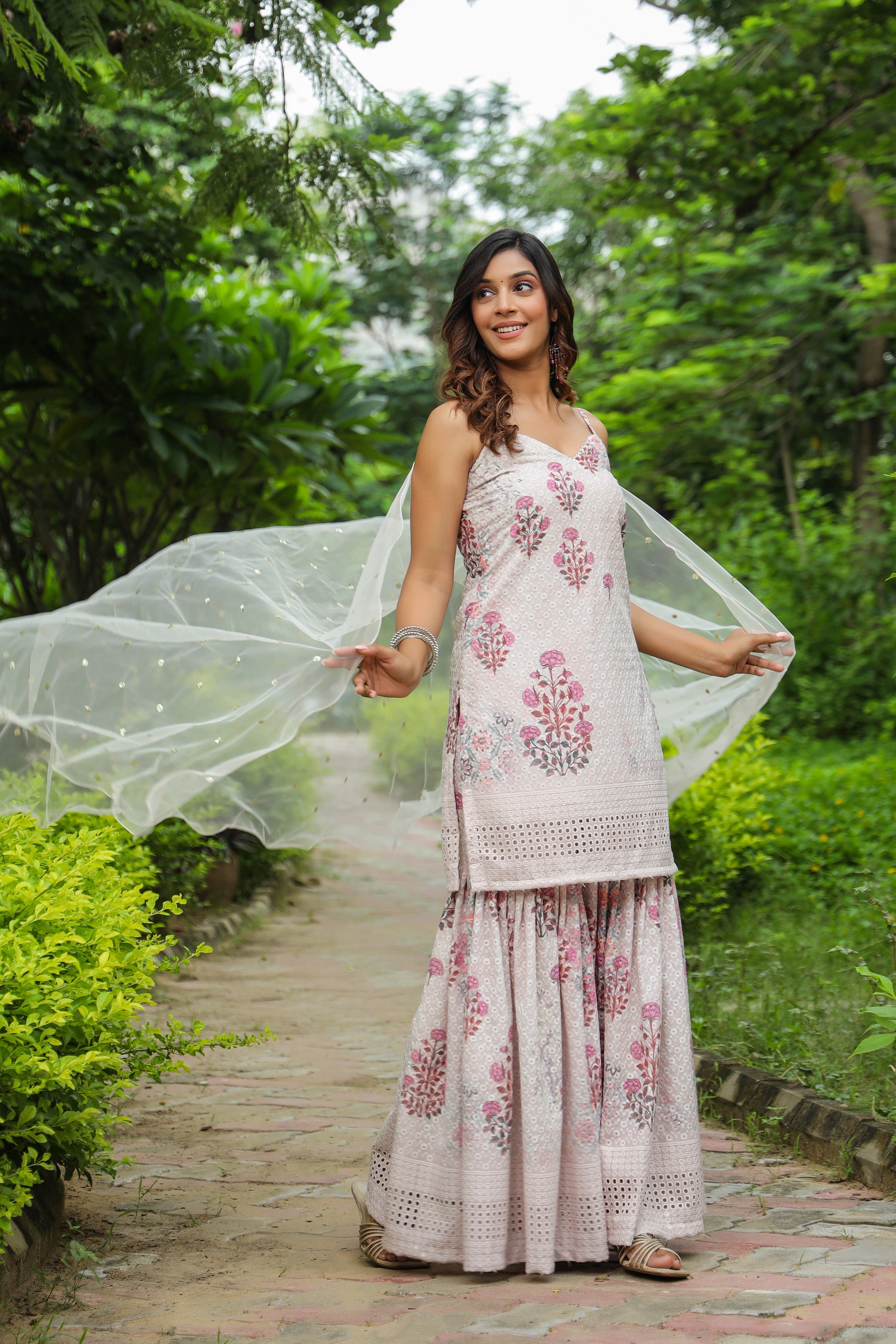 Swiss Coffee Off White Digital Print Cotton Sharara Set