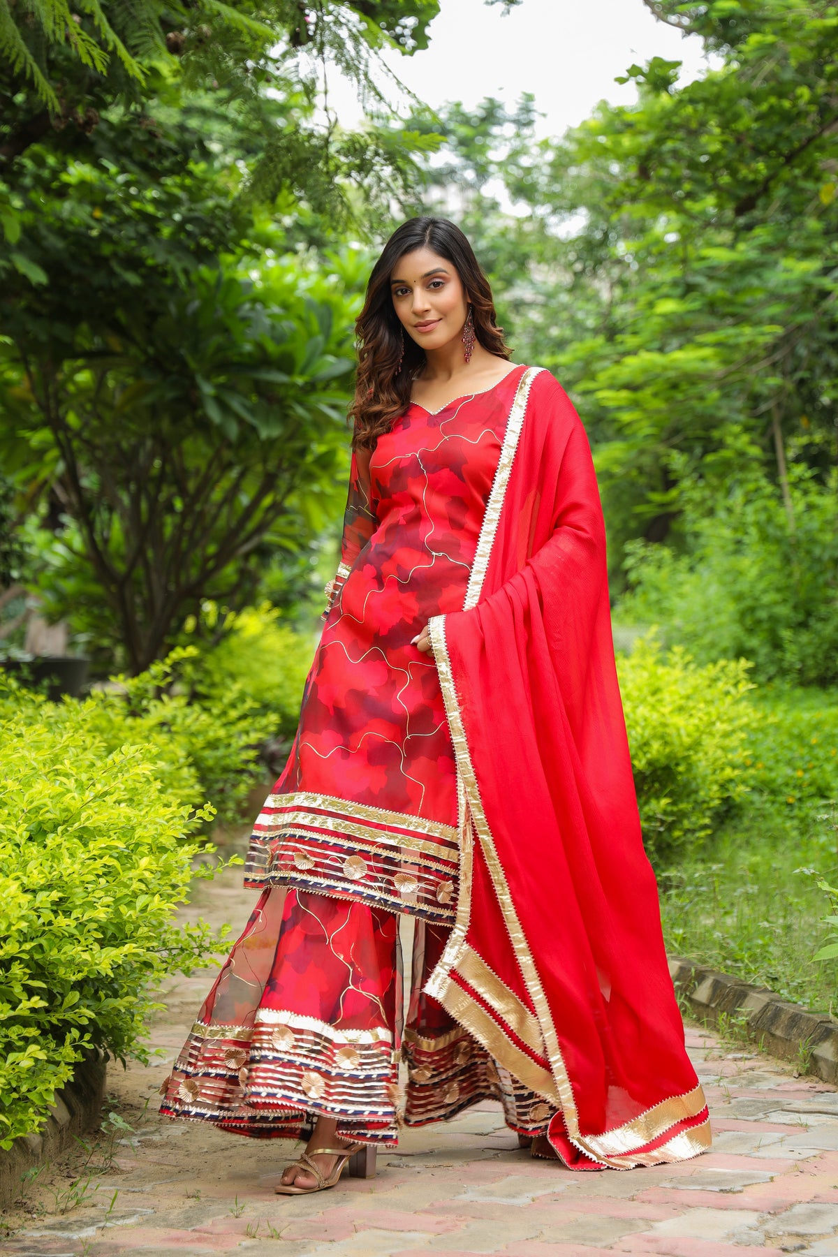 Froly Red Abstract Print Organza Sharara Set