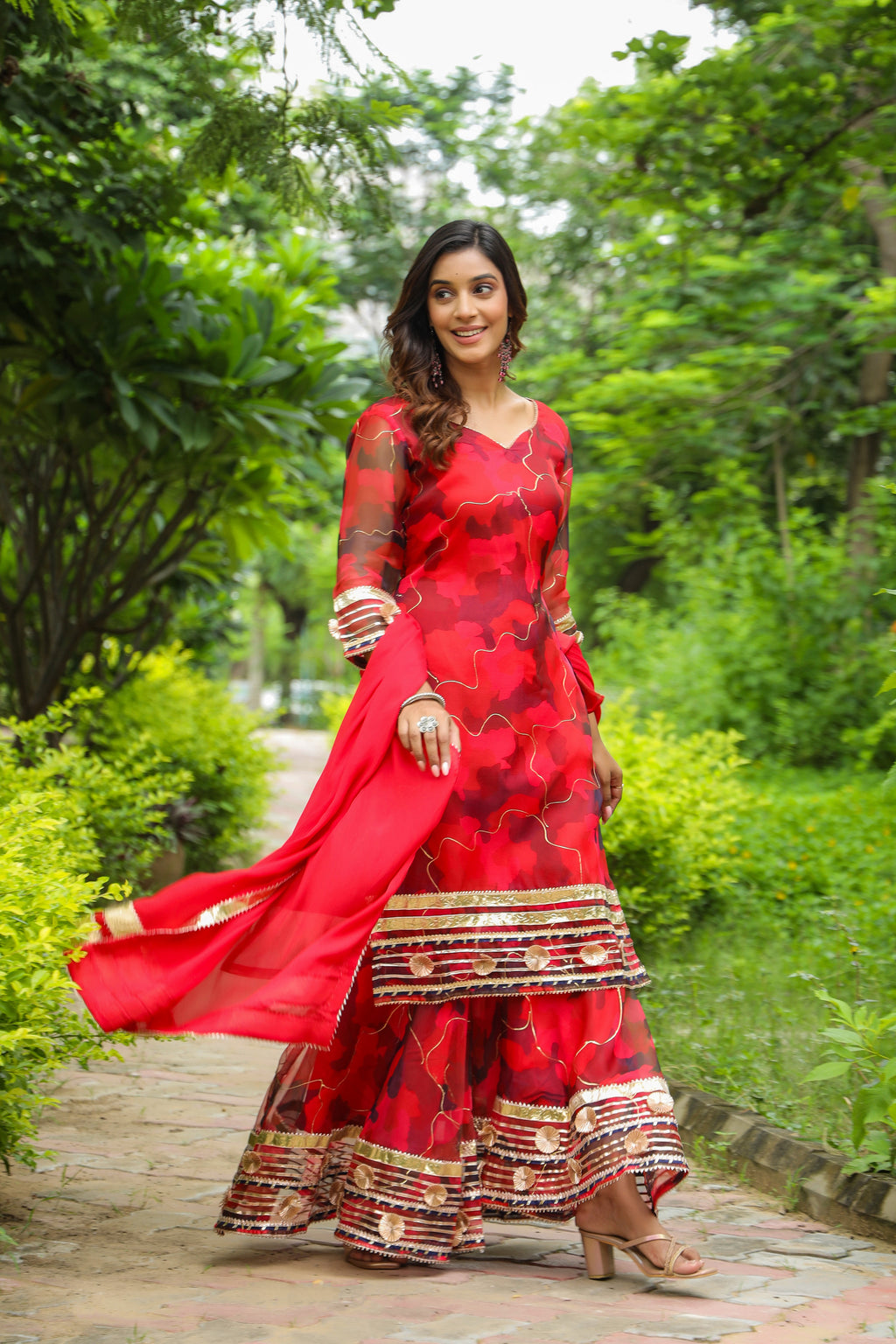 Froly Red Abstract Print Organza Sharara Set