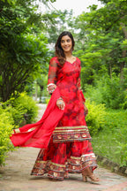 Froly Red Abstract Print Organza Sharara Set