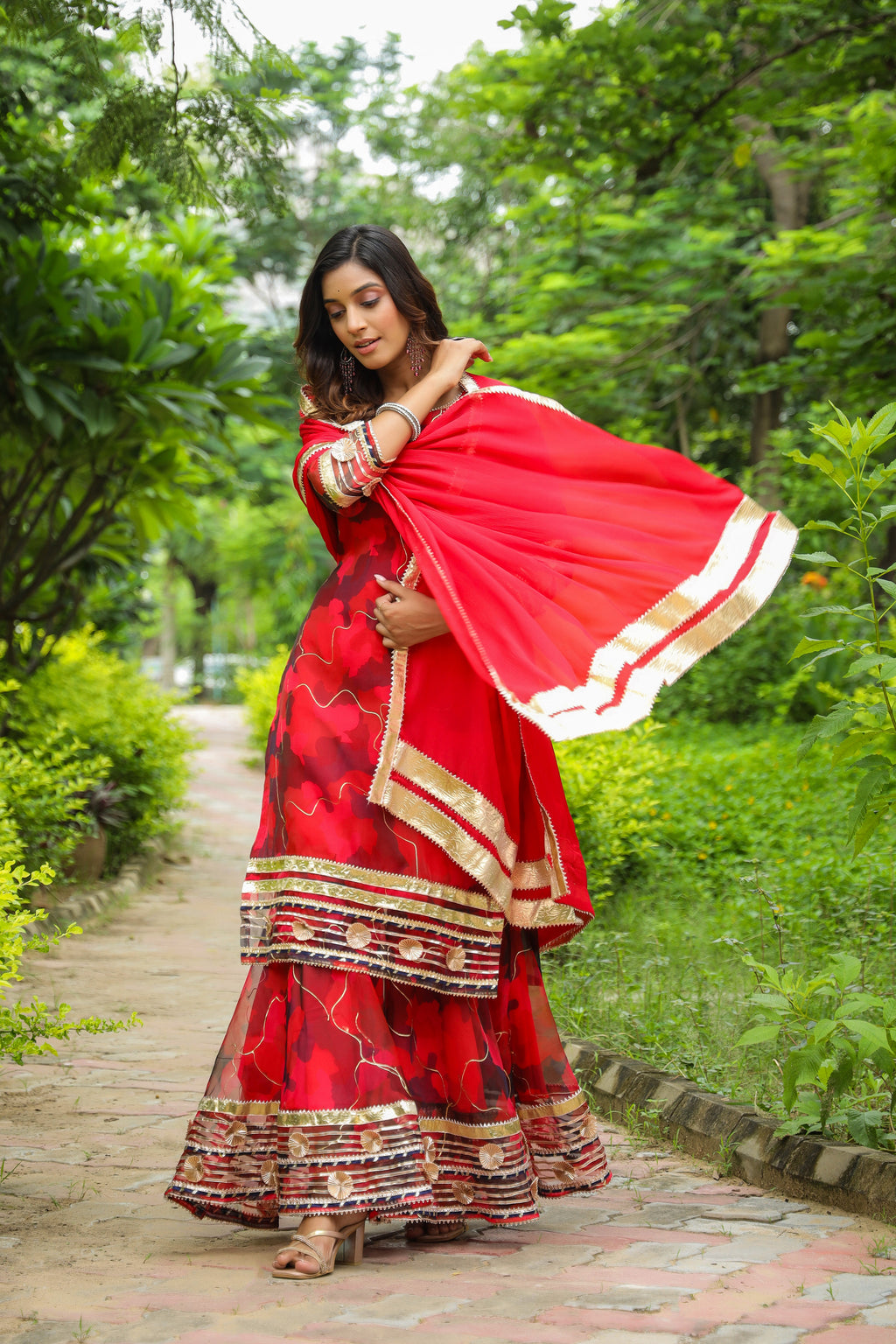 Froly Red Abstract Print Organza Sharara Set