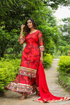 Froly Red Abstract Print Organza Sharara Set