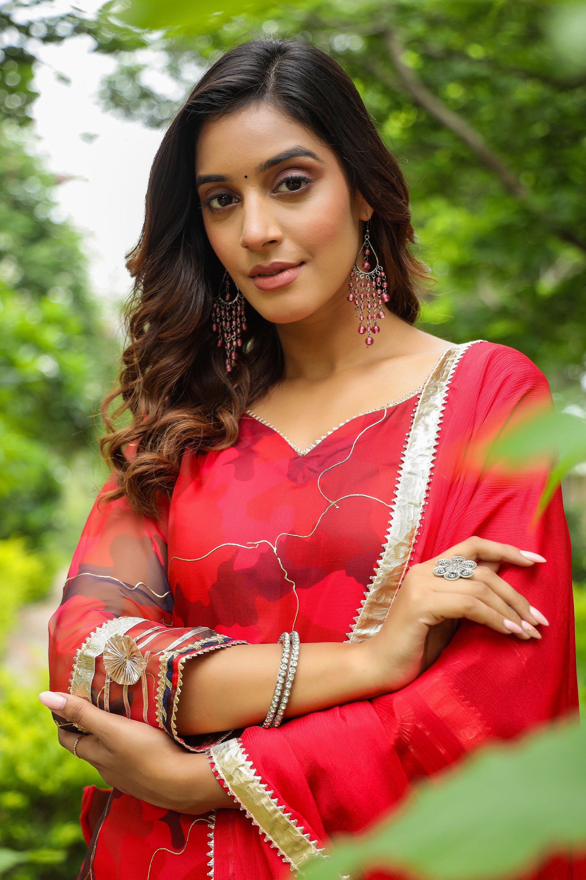 Froly Red Abstract Print Organza Sharara Set