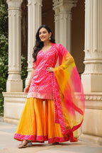 Buttercup Pink Yellow Brocade Bandhani Print Sharara Set