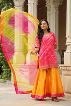Buttercup Pink Yellow Brocade Bandhani Print Sharara Set
