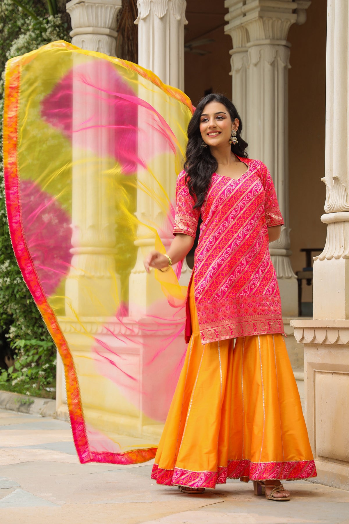 Buttercup Pink Yellow Brocade Bandhani Print Sharara Set