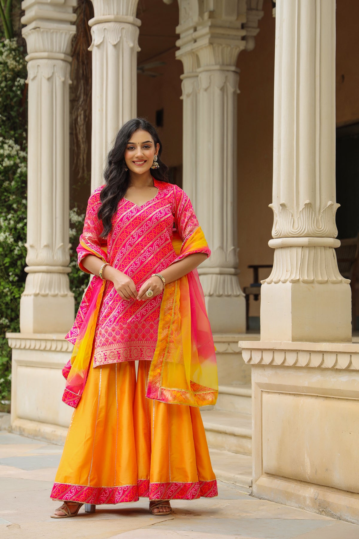 Buttercup Pink Yellow Brocade Bandhani Print Sharara Set