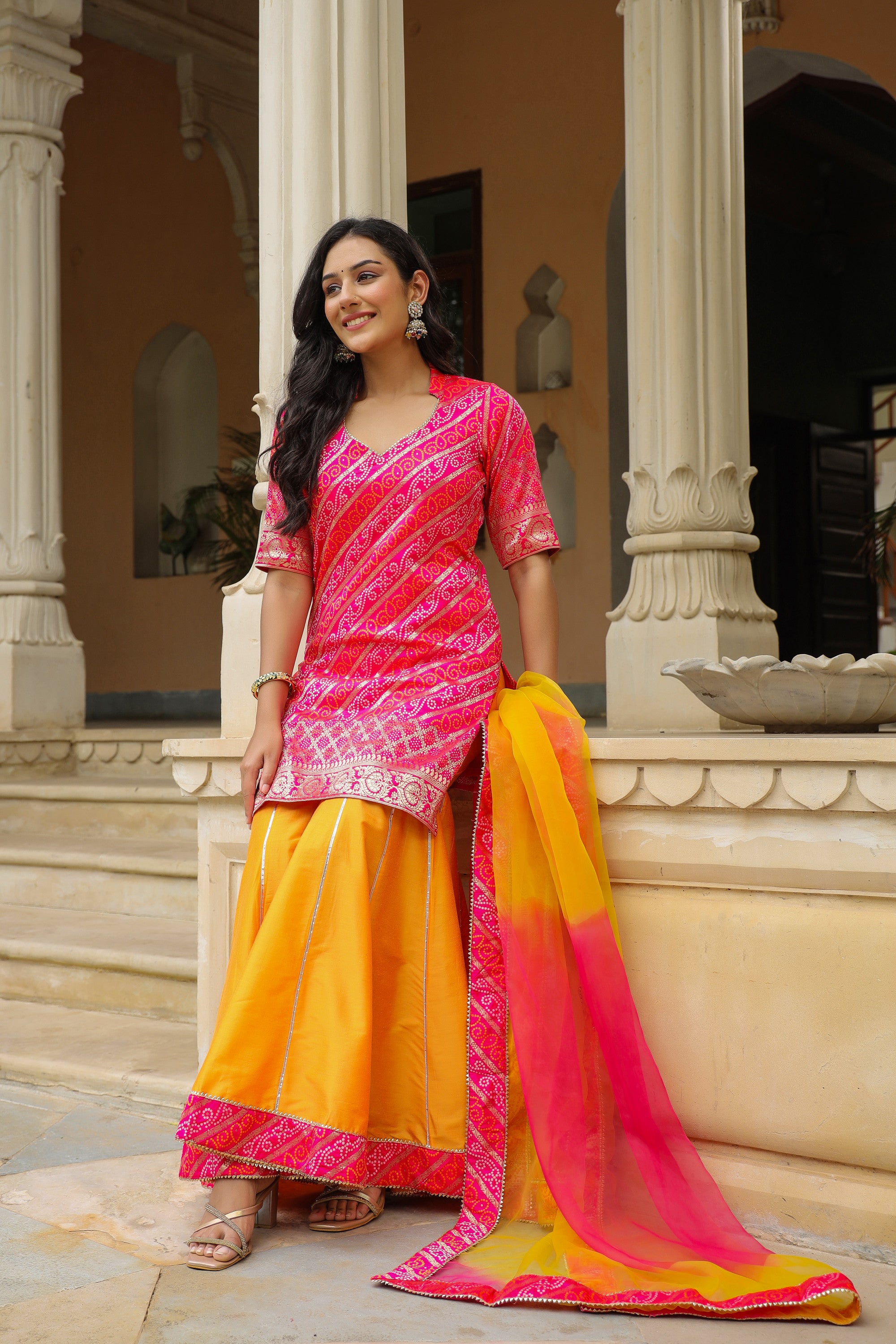 Buttercup Pink Yellow Brocade Bandhani Print Sharara Set