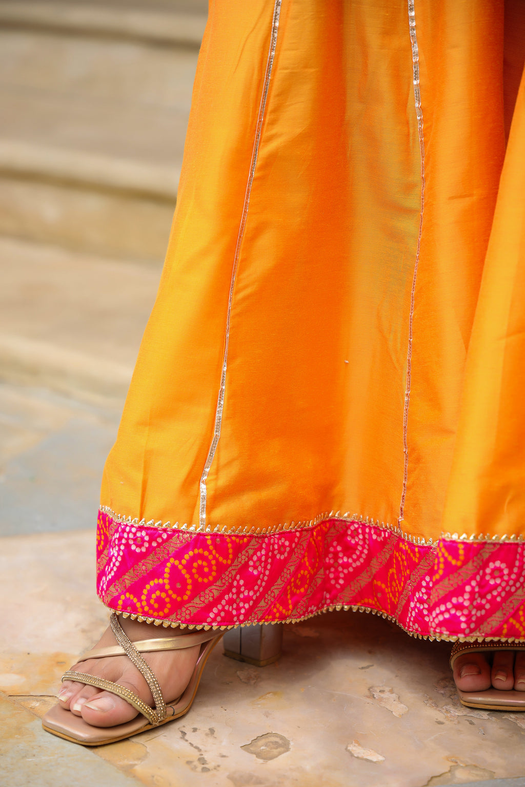 Buttercup Pink Yellow Brocade Bandhani Print Sharara Set