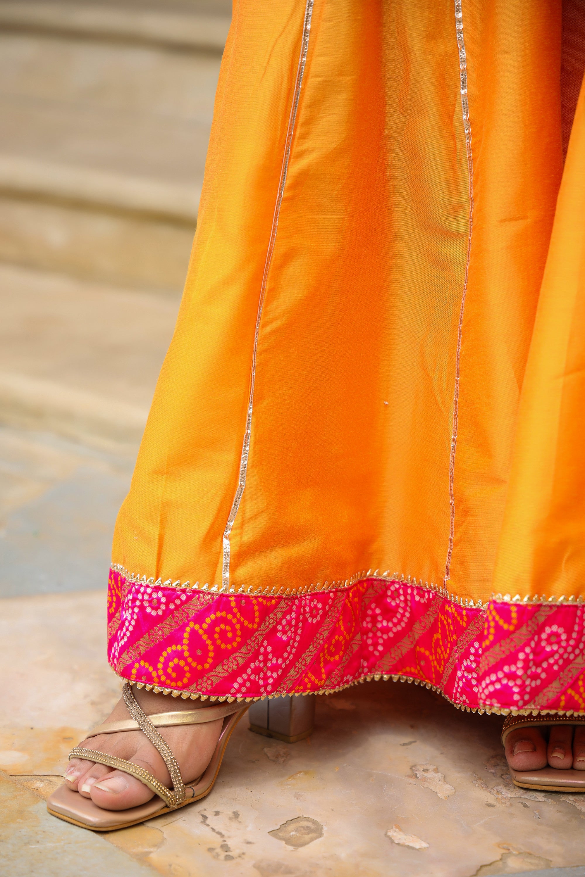 Buttercup Pink Yellow Brocade Bandhani Print Sharara Set