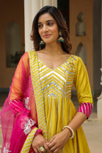 Old Gold Yellow Cotton Slik Anarkali Suit Set