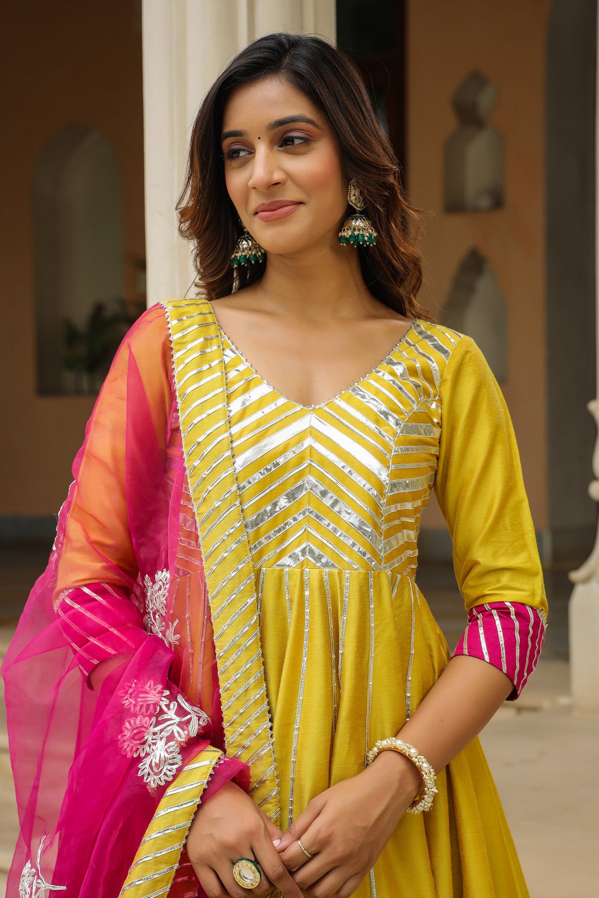 Old Gold Yellow Cotton Slik Anarkali Suit Set