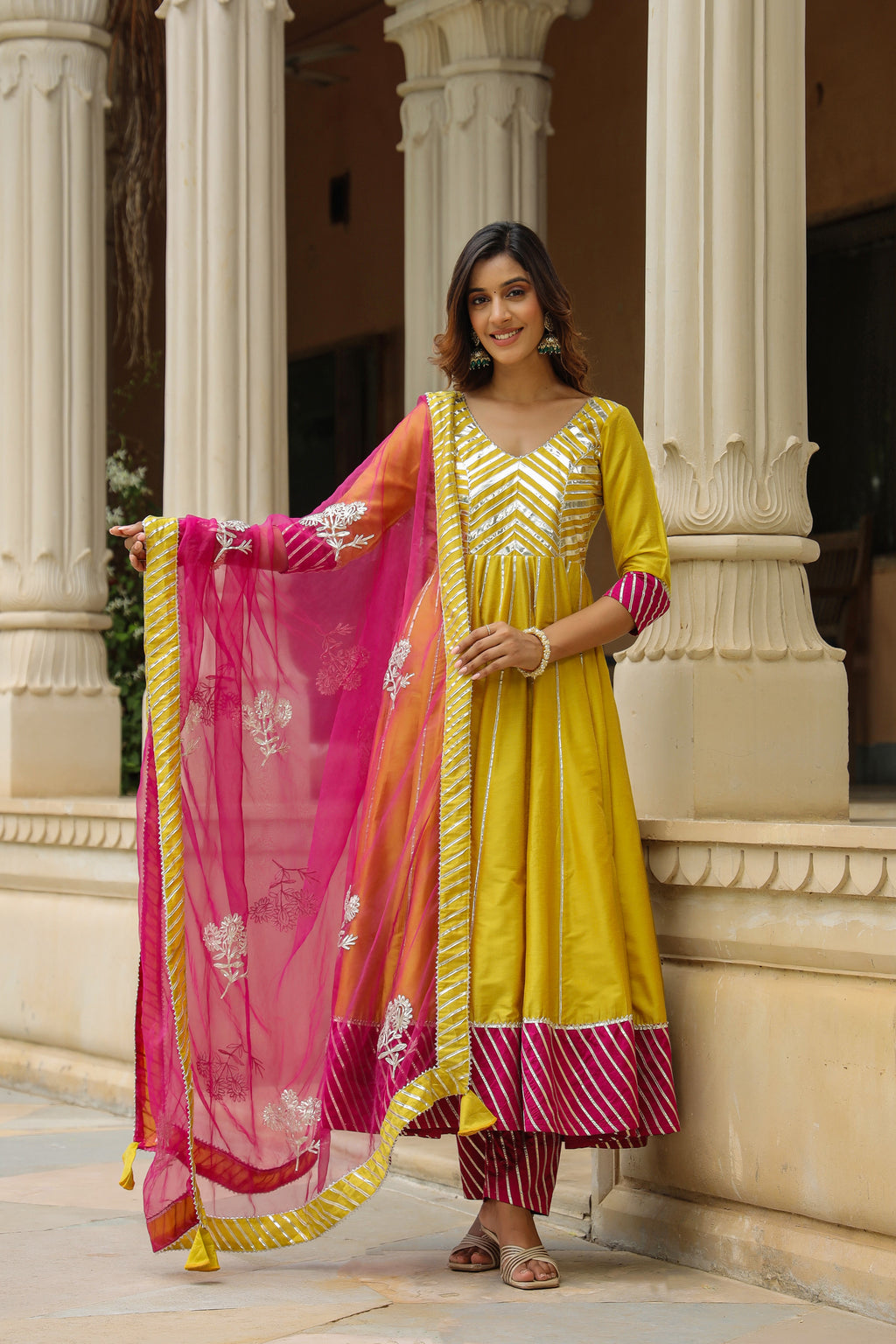 Old Gold Yellow Cotton Slik Anarkali Suit Set