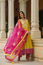 Old Gold Yellow Cotton Slik Anarkali Suit Set