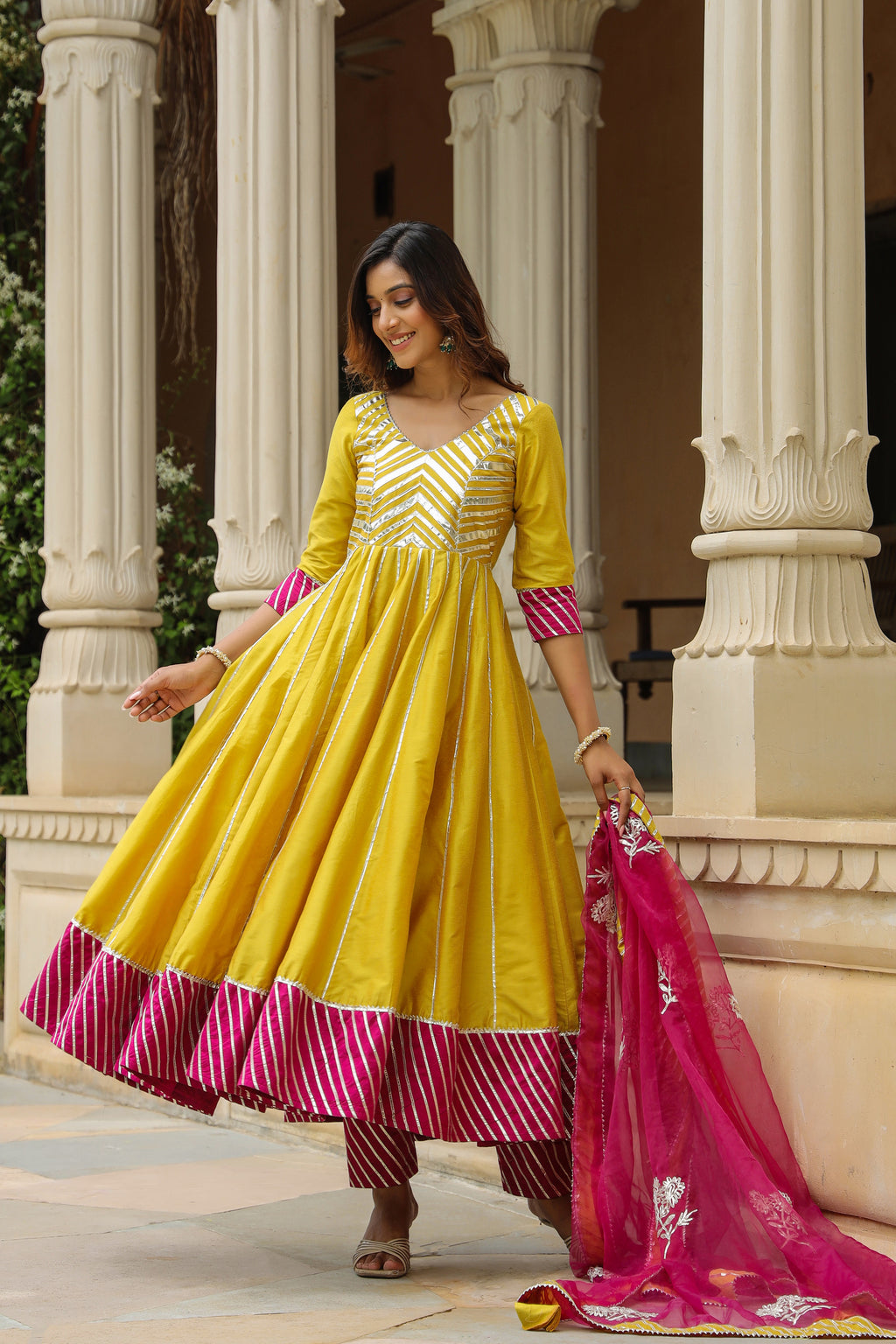 Old Gold Yellow Cotton Slik Anarkali Suit Set