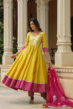 Old Gold Yellow Cotton Slik Anarkali Suit Set
