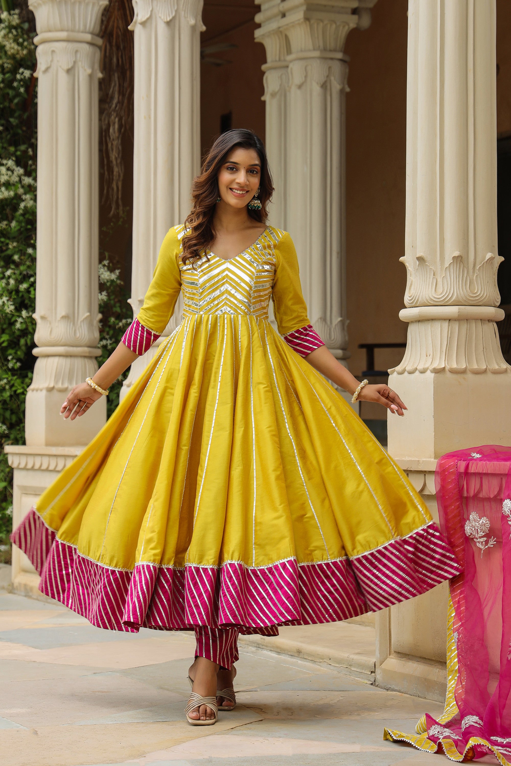 Old Gold Yellow Cotton Slik Anarkali Suit Set