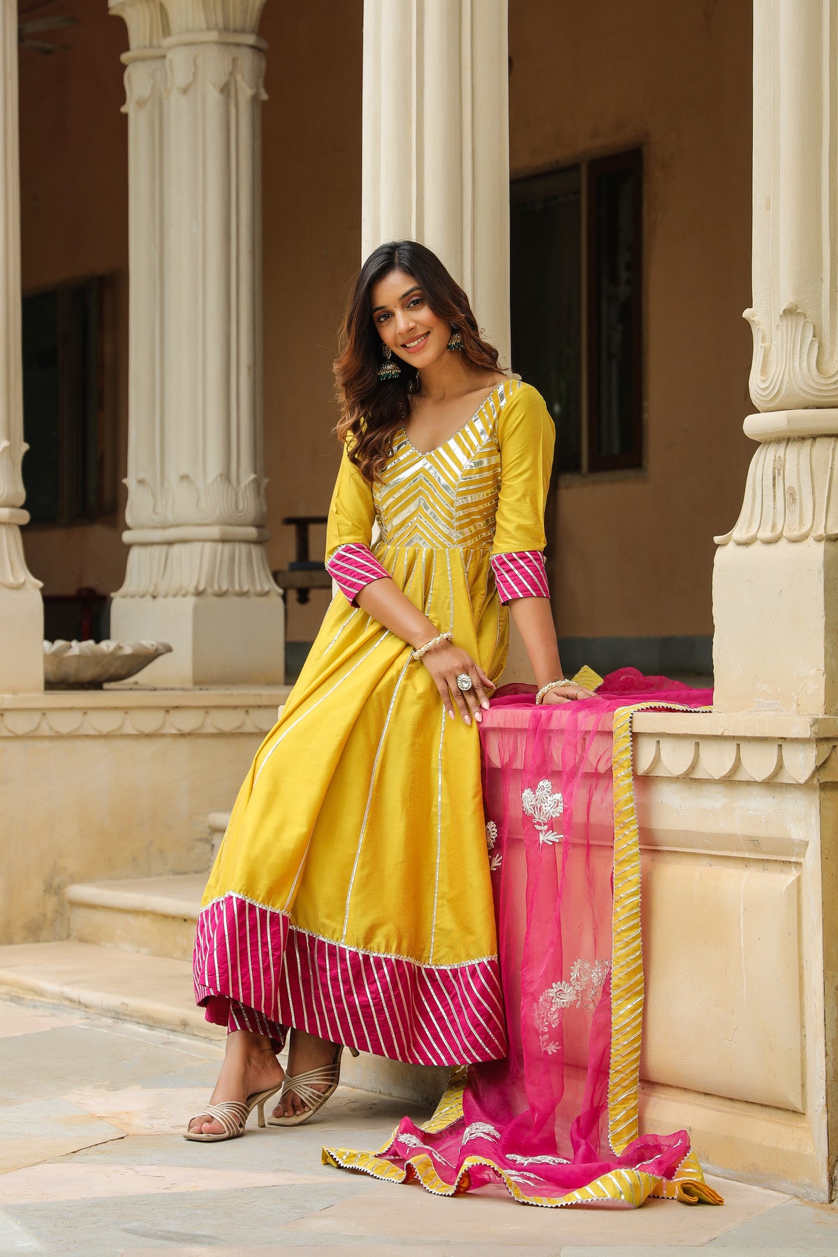 Old Gold Yellow Cotton Slik Anarkali Suit Set