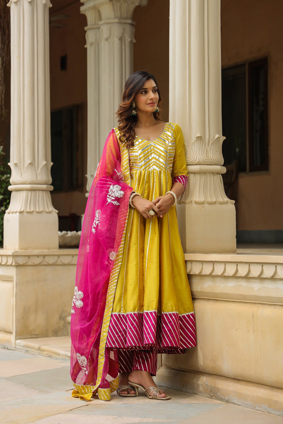 Old Gold Yellow Cotton Slik Anarkali Suit Set