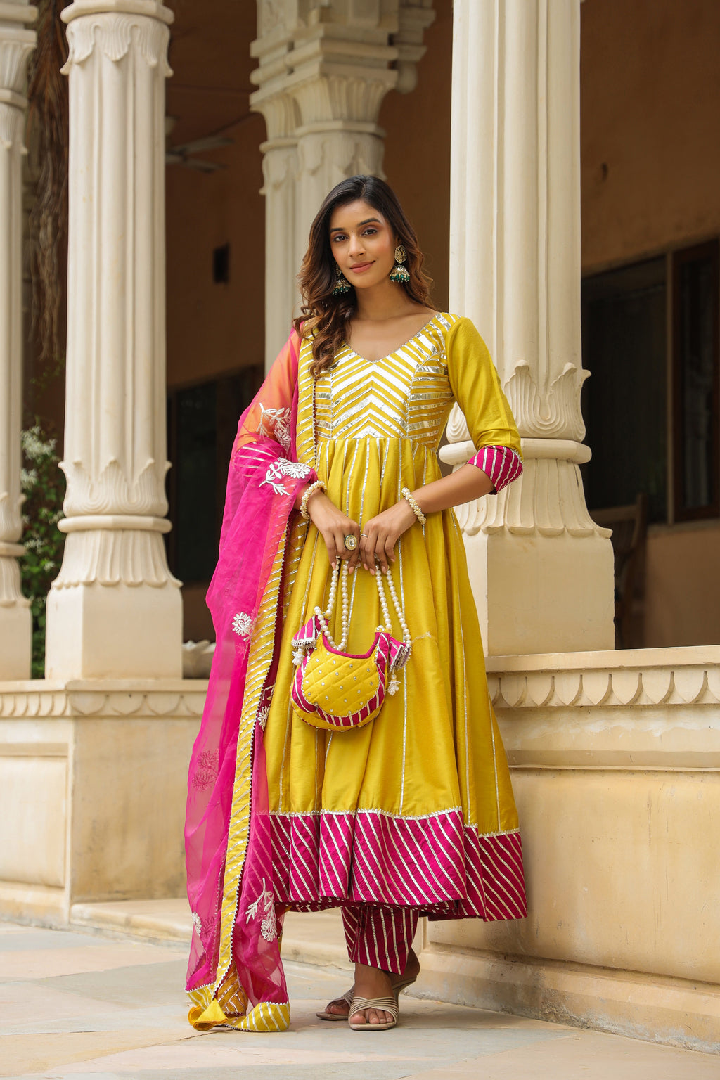 Old Gold Yellow Cotton Slik Anarkali Suit Set
