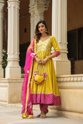 Old Gold Yellow Cotton Slik Anarkali Suit Set