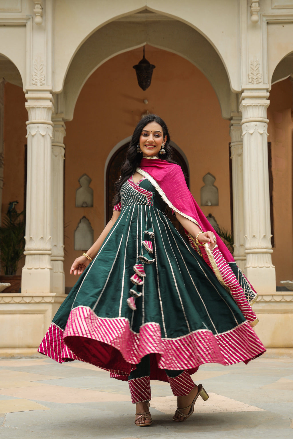 Stromboli Dark Green Cotton Slik Anarkali Suit Set