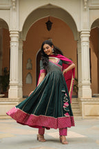 Stromboli Dark Green Cotton Slik Anarkali Suit Set