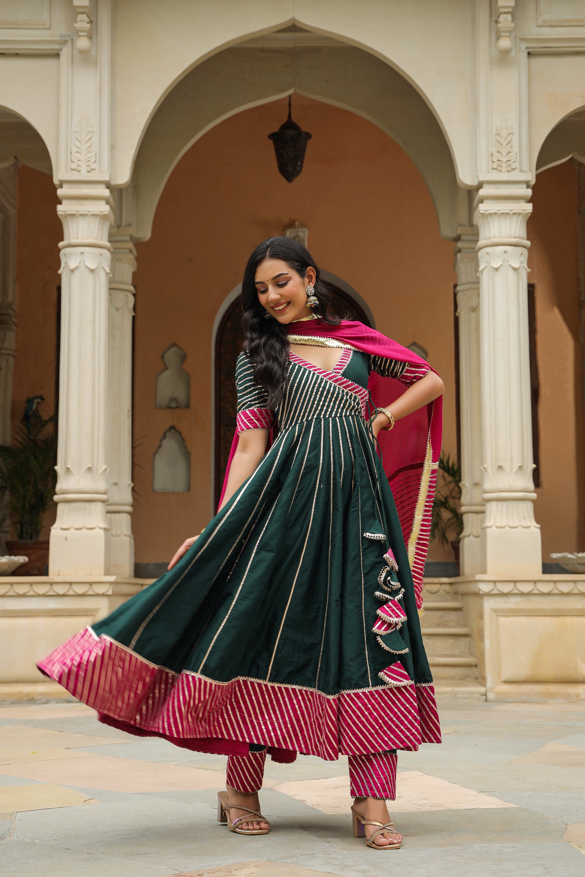 Stromboli Dark Green Cotton Slik Anarkali Suit Set