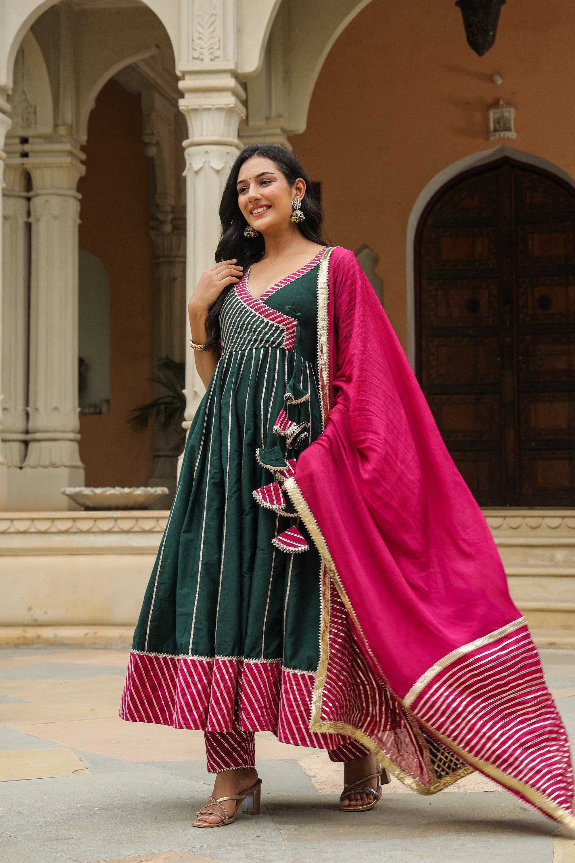 Stromboli Dark Green Cotton Slik Anarkali Suit Set