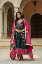 Stromboli Dark Green Cotton Slik Anarkali Suit Set