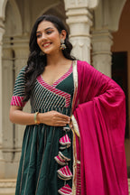 Stromboli Dark Green Cotton Slik Anarkali Suit Set