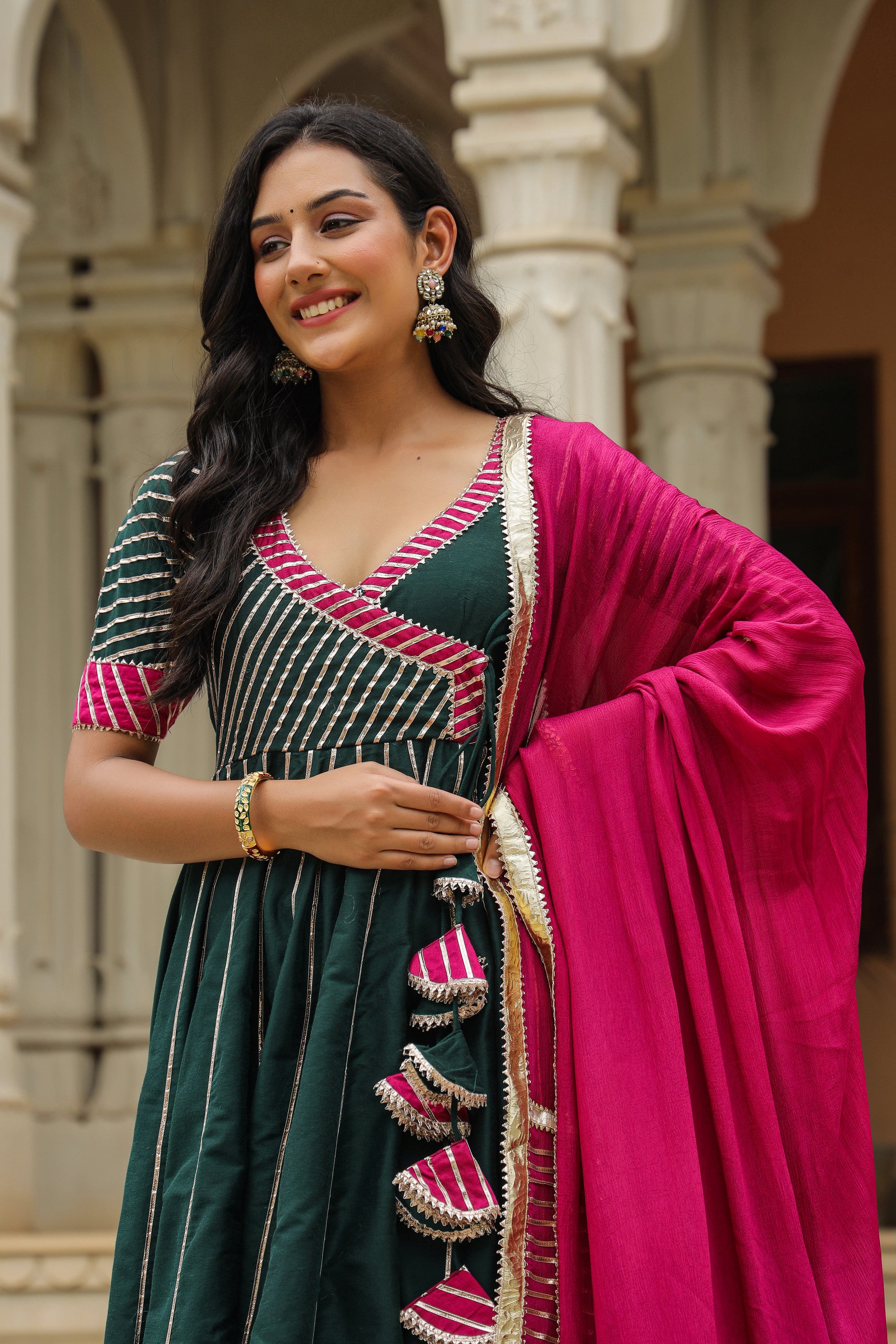 Stromboli Dark Green Cotton Slik Anarkali Suit Set