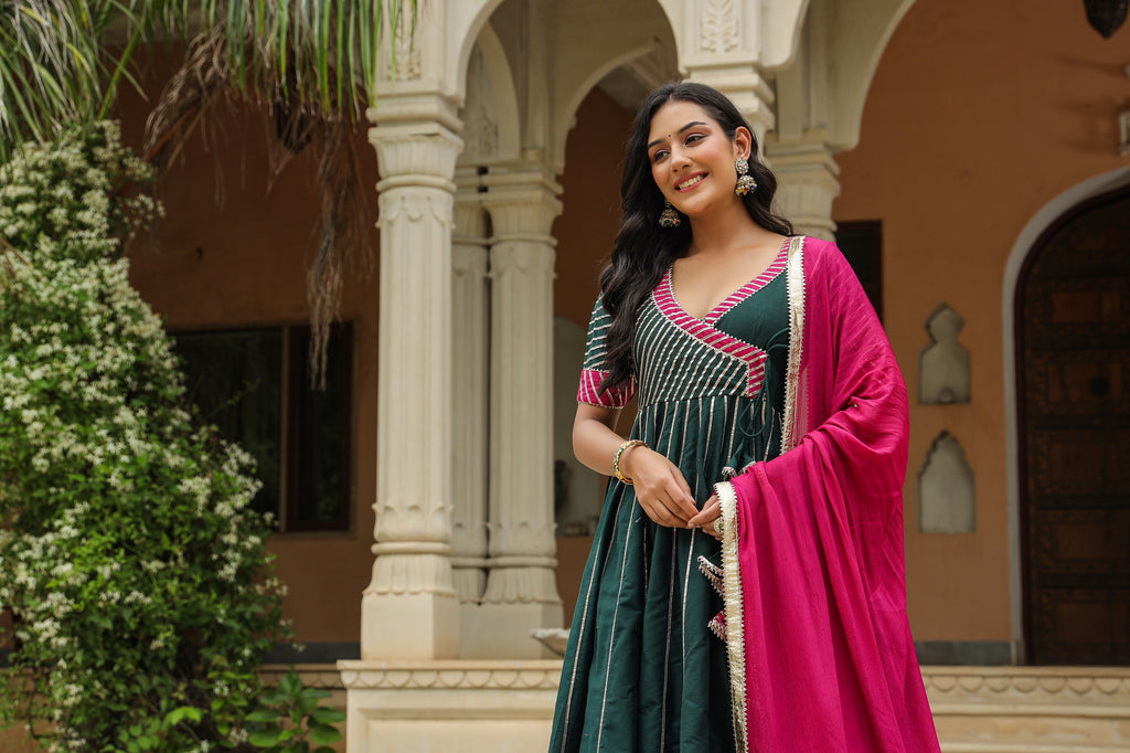 Stromboli Dark Green Cotton Slik Anarkali Suit Set