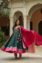 Stromboli Dark Green Cotton Slik Anarkali Suit Set