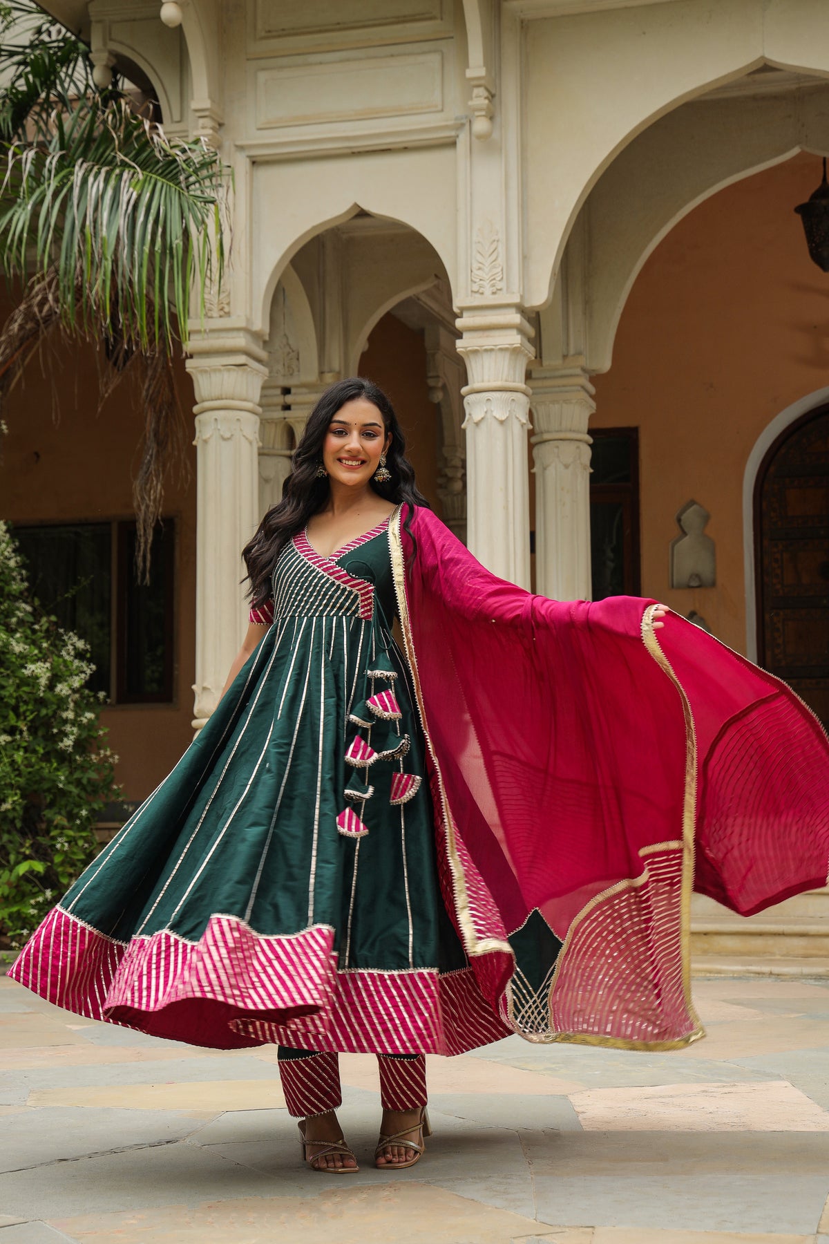Stromboli Dark Green Cotton Slik Anarkali Suit Set