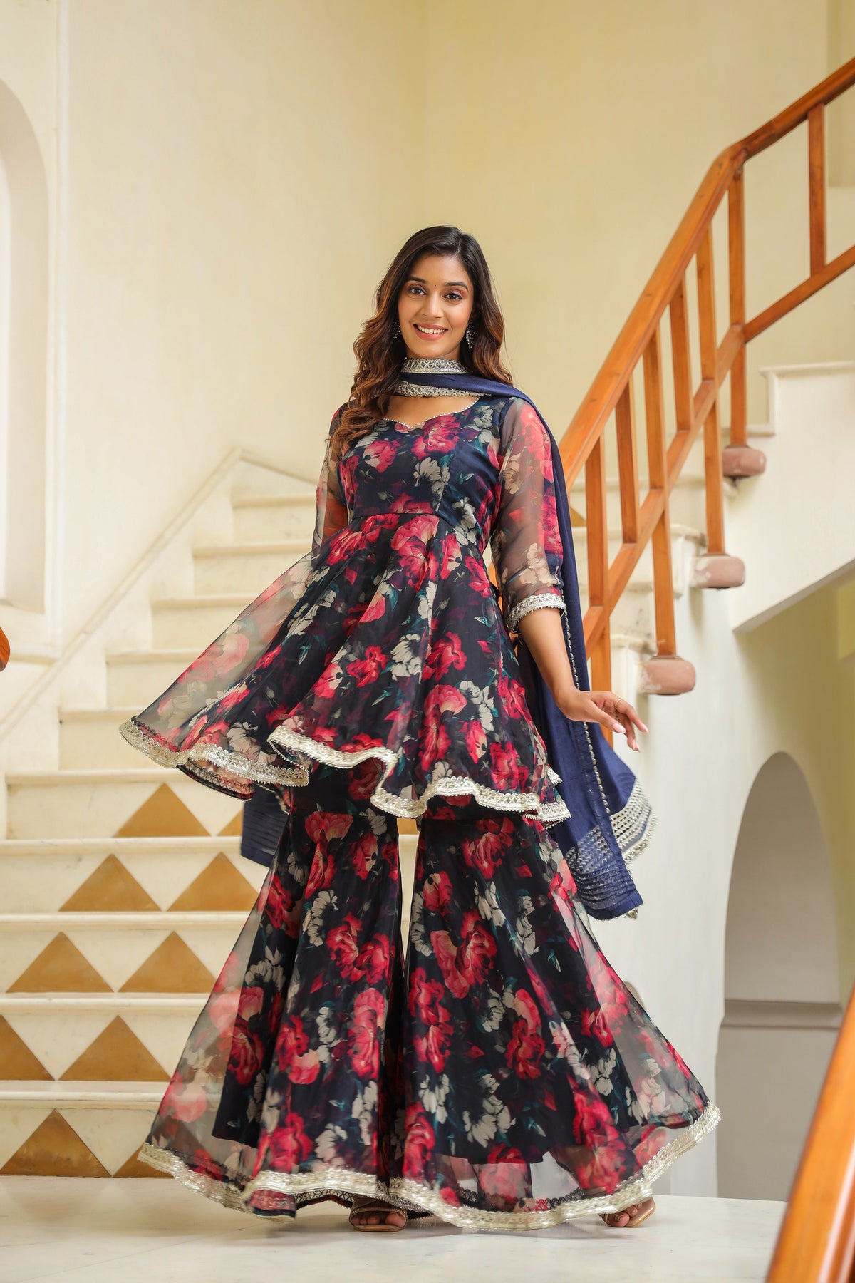 Vulcan Blue Organza Sharara Set