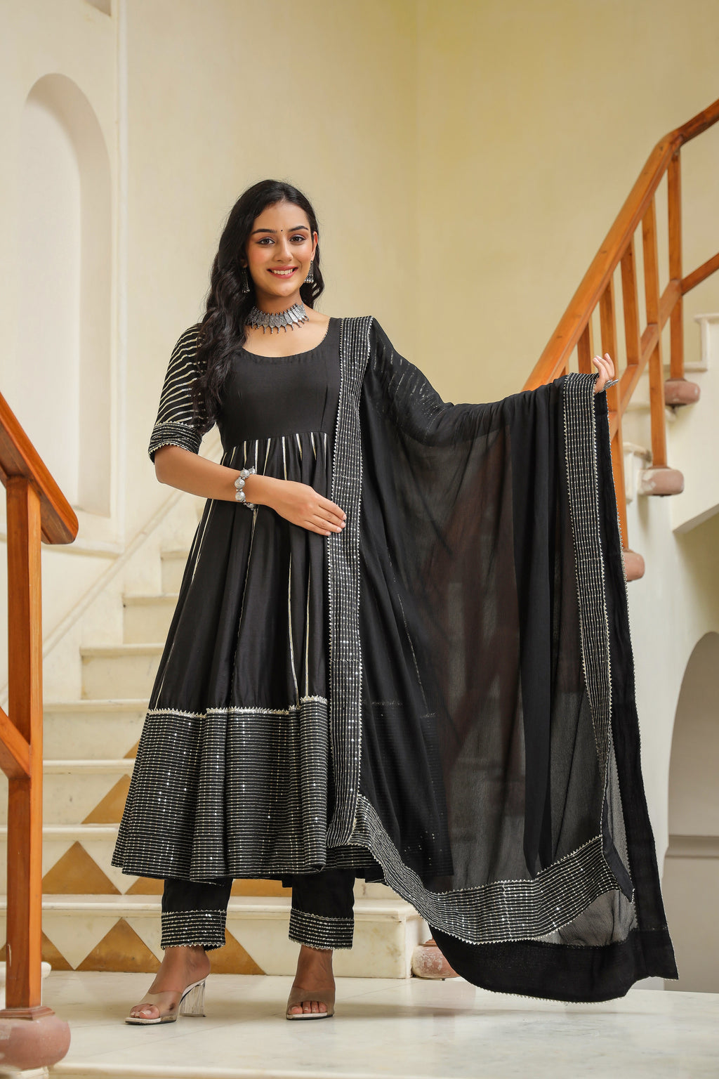 Dune Black Cotton Slik Embroidery Anarkali Suit