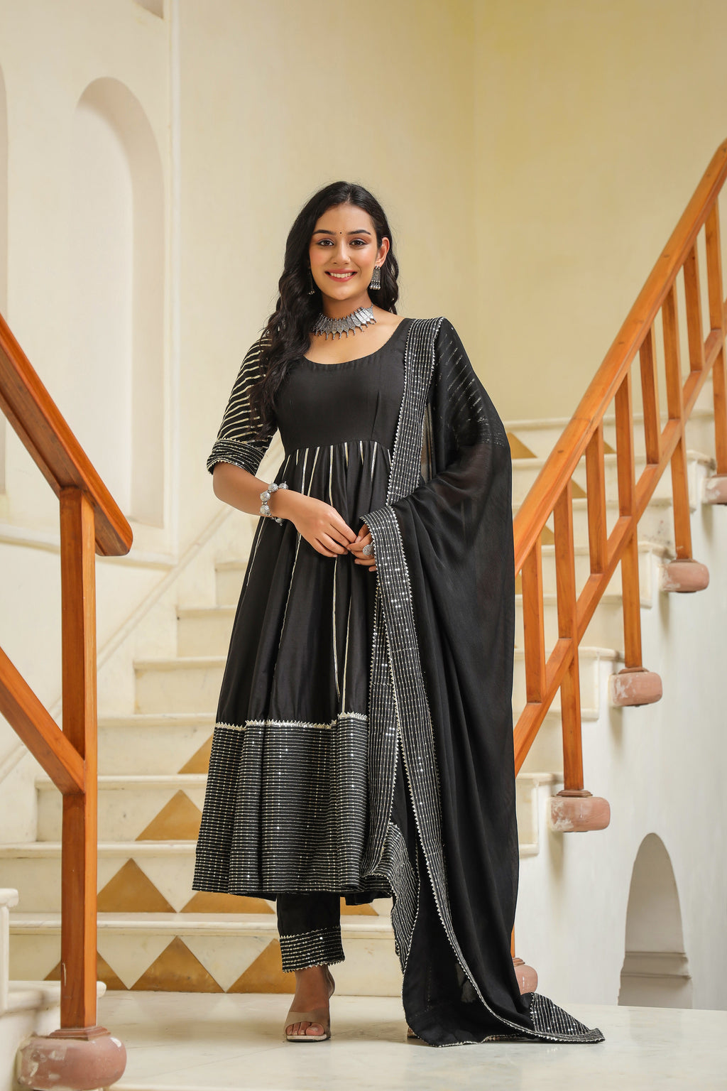 Dune Black Cotton Slik Embroidery Anarkali Suit