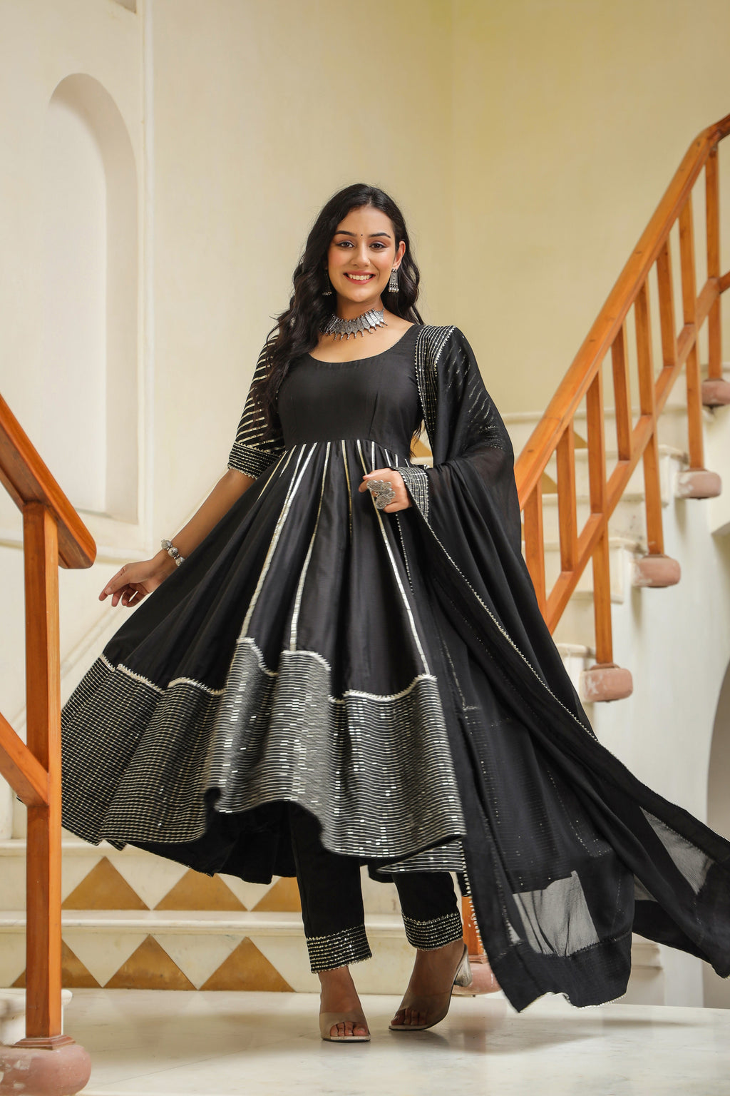 Dune Black Cotton Slik Embroidery Anarkali Suit