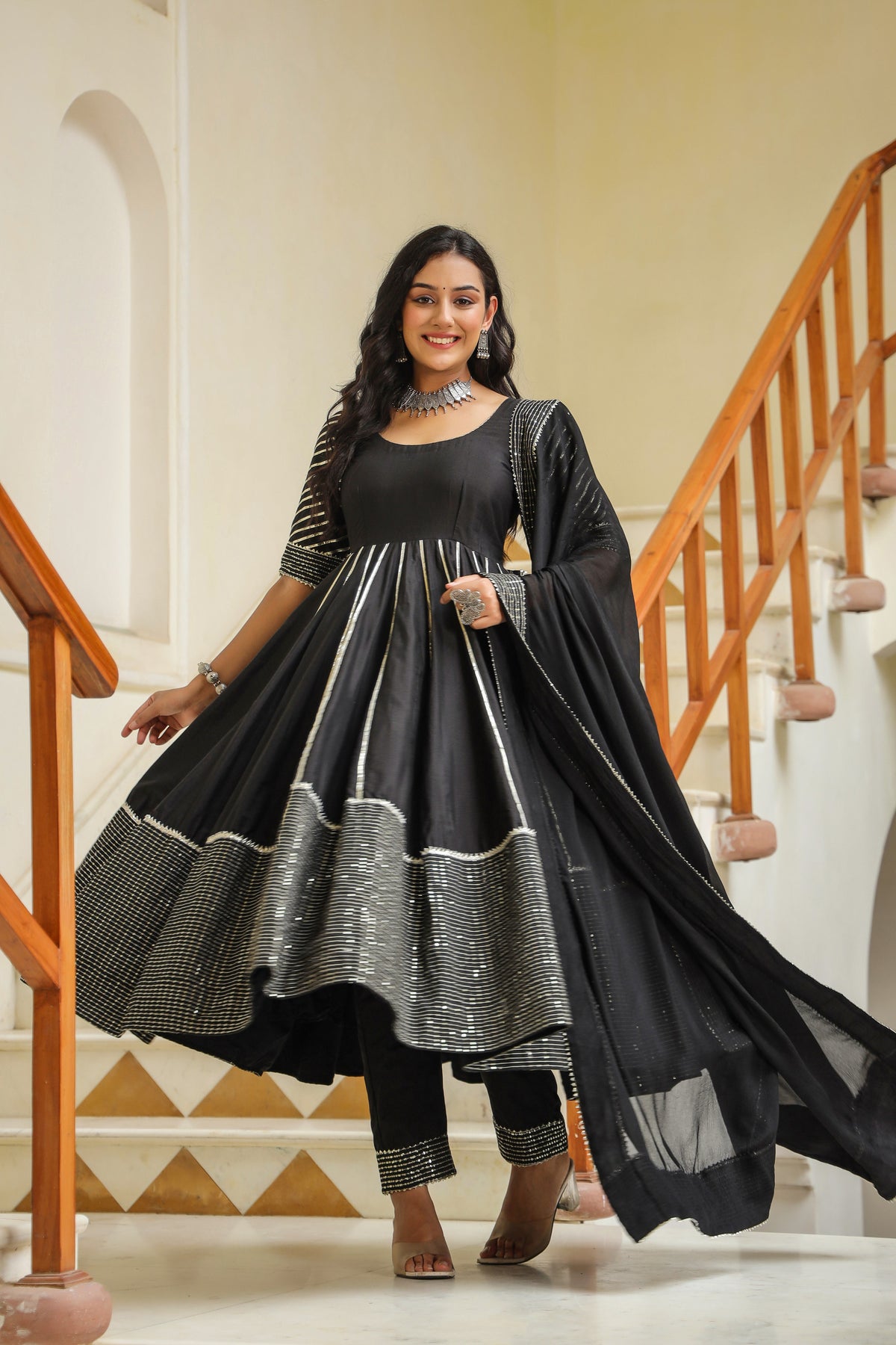 Dune Black Cotton Slik Embroidery Anarkali Suit