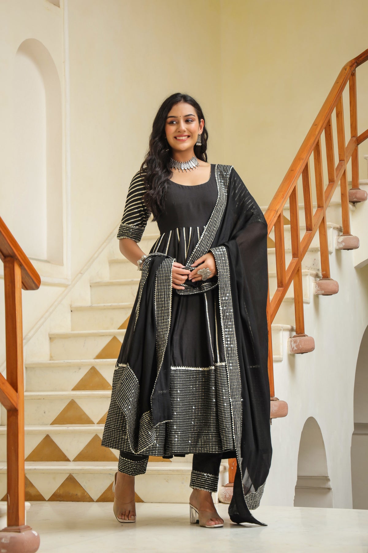Dune Black Cotton Slik Embroidery Anarkali Suit
