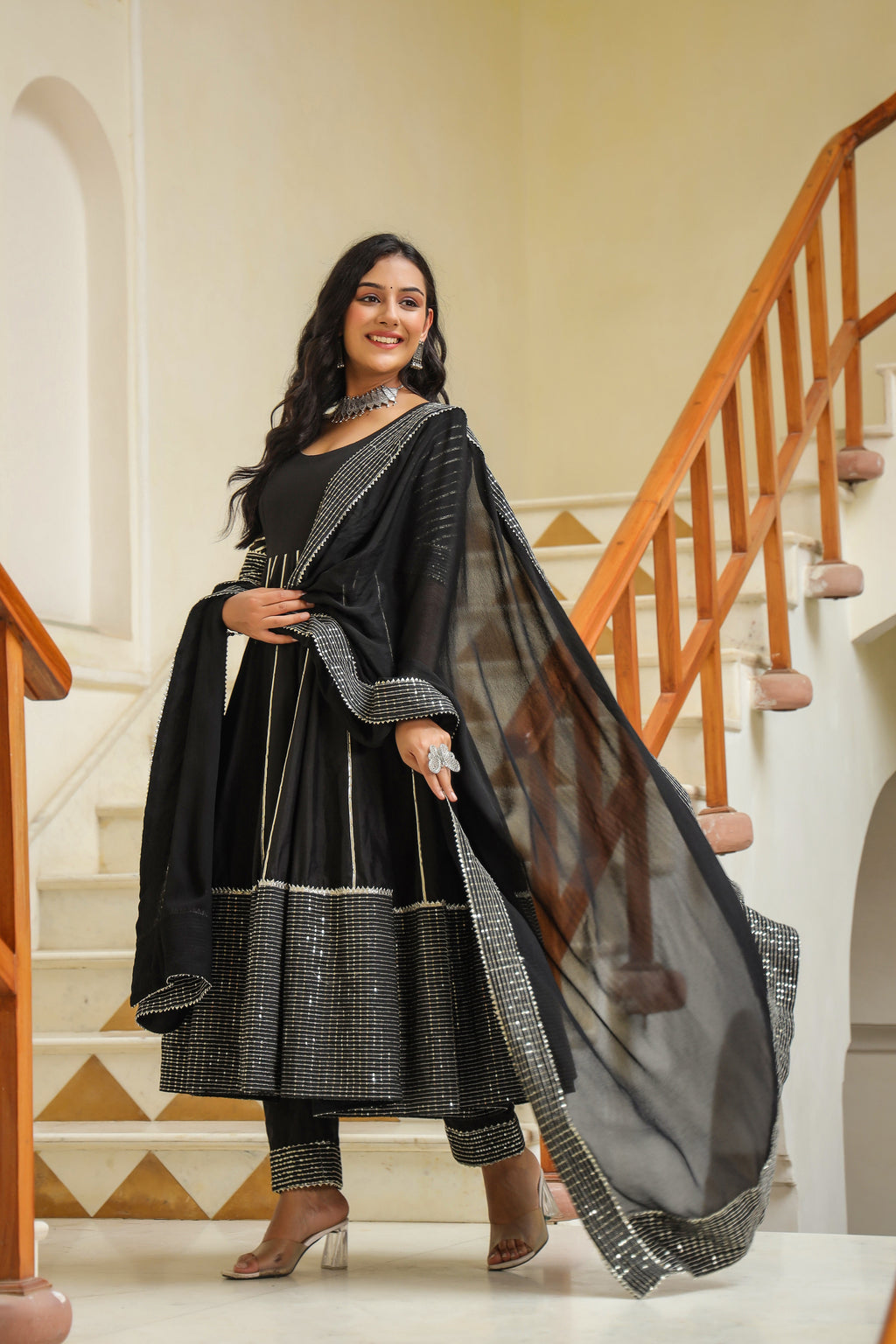Dune Black Cotton Slik Embroidery Anarkali Suit