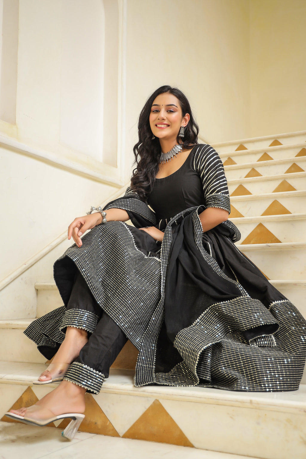 Dune Black Cotton Slik Embroidery Anarkali Suit