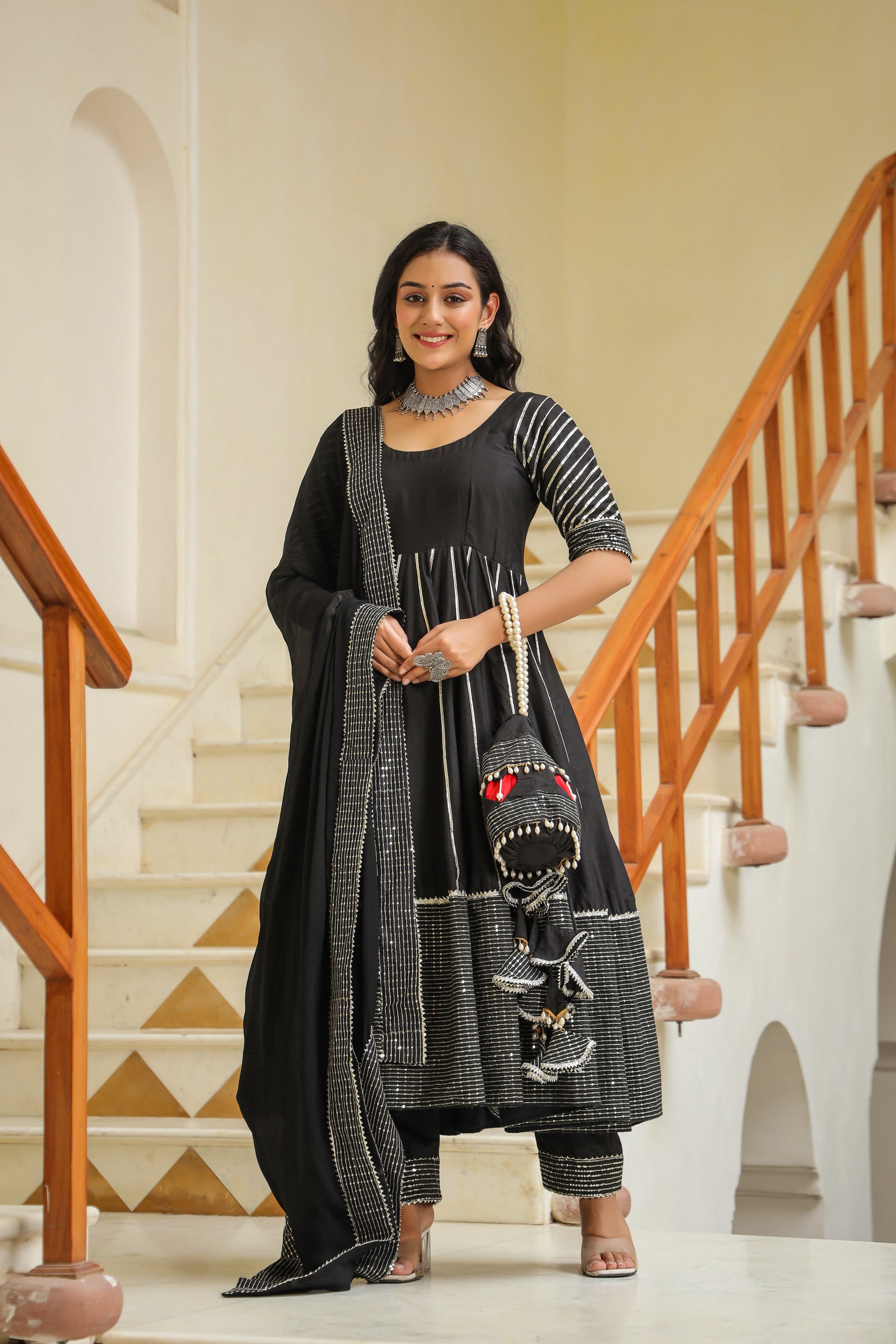 Dune Black Cotton Slik Embroidery Anarkali Suit
