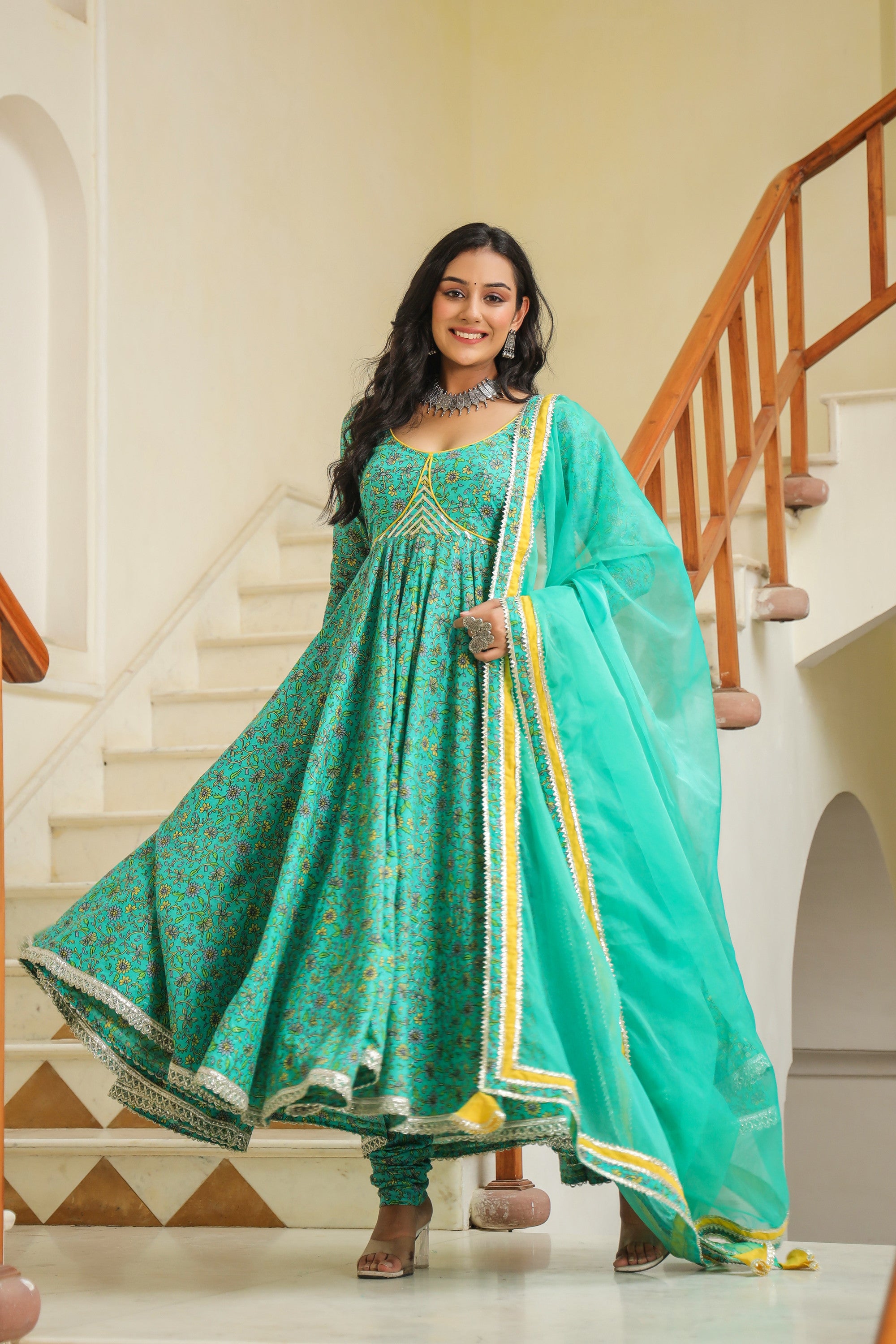 Turquoise Blue Green Cotton Anarkali Suit Set