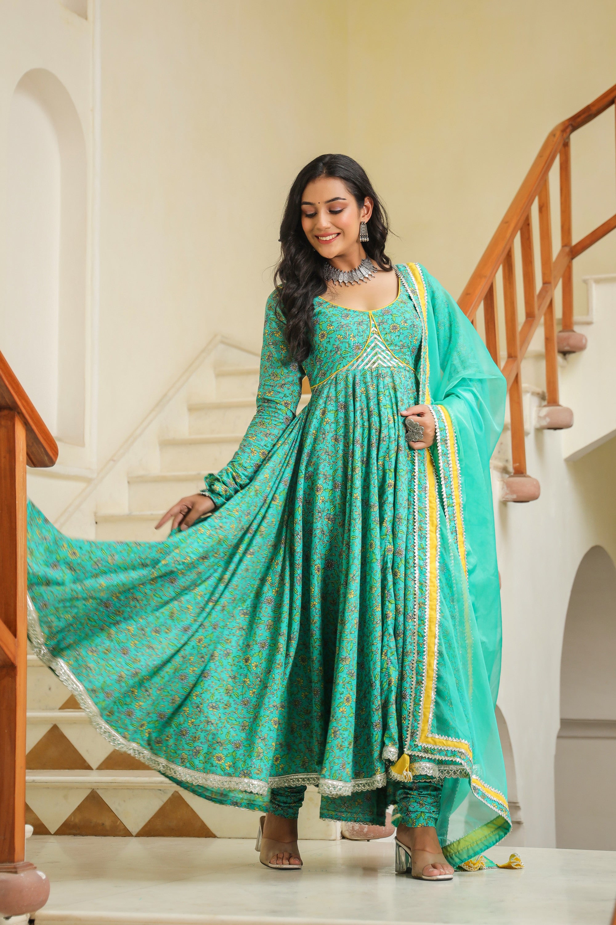 Turquoise Blue Green Cotton Anarkali Suit Set