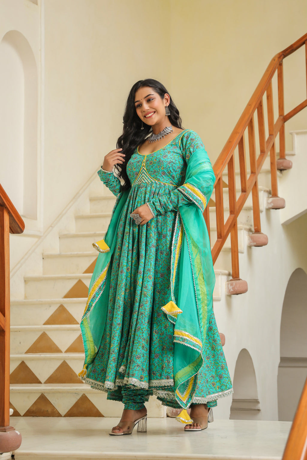 Turquoise Blue Green Cotton Anarkali Suit Set